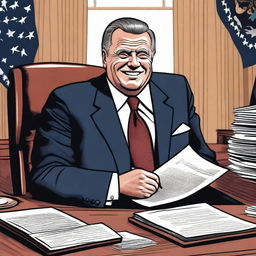 An illustration of a malevolent president, with a cunning smile and dark piercing eyes, sitting at his desk in the oval office, surrounded by papers and official documents