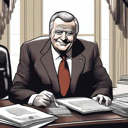 An illustration of a malevolent president, with a cunning smile and dark piercing eyes, sitting at his desk in the oval office, surrounded by papers and official documents