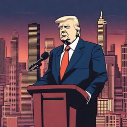 The malevolent president, with a cunning smile and dark piercing eyes, standing on a podium, addressing the masses of people in the bustling city, with towering buildings and vibrant city lights as the backdrop