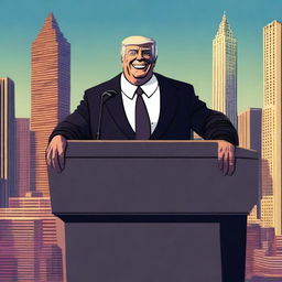 The malevolent president, with a cunning smile and dark piercing eyes, standing on a podium, addressing the masses of people in the bustling city, with towering buildings and vibrant city lights as the backdrop