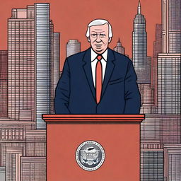 The malevolent president, with a cunning smile and dark piercing eyes, standing on a podium, addressing the masses of people in the bustling city, with towering buildings and vibrant city lights as the backdrop