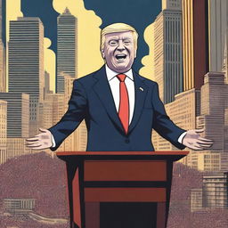 The malevolent president, with a cunning smile and dark piercing eyes, standing on a podium, addressing the masses of people in the bustling city, with towering buildings and vibrant city lights as the backdrop