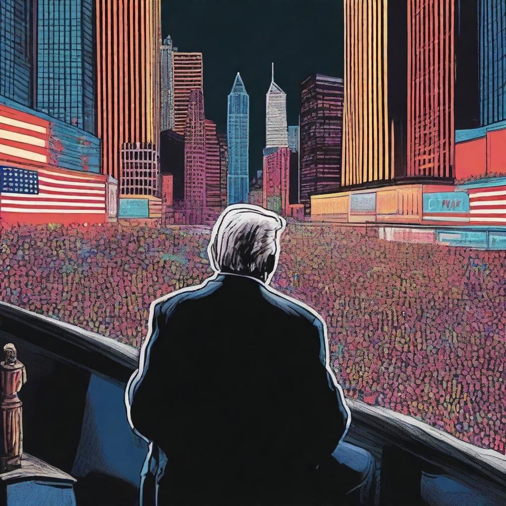 The scene changes to a crowd of people fully absorbed in the malevolent president's speech, hanging onto his every word with visible awe and curiosity, their faces illuminated by the vibrant city lights in the backdrop