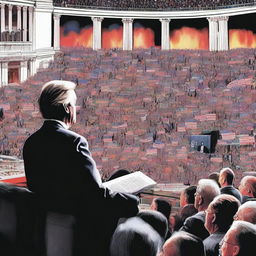 The scene changes to a crowd of people fully absorbed in the malevolent president's speech, hanging onto his every word with visible awe and curiosity, their faces illuminated by the vibrant city lights in the backdrop