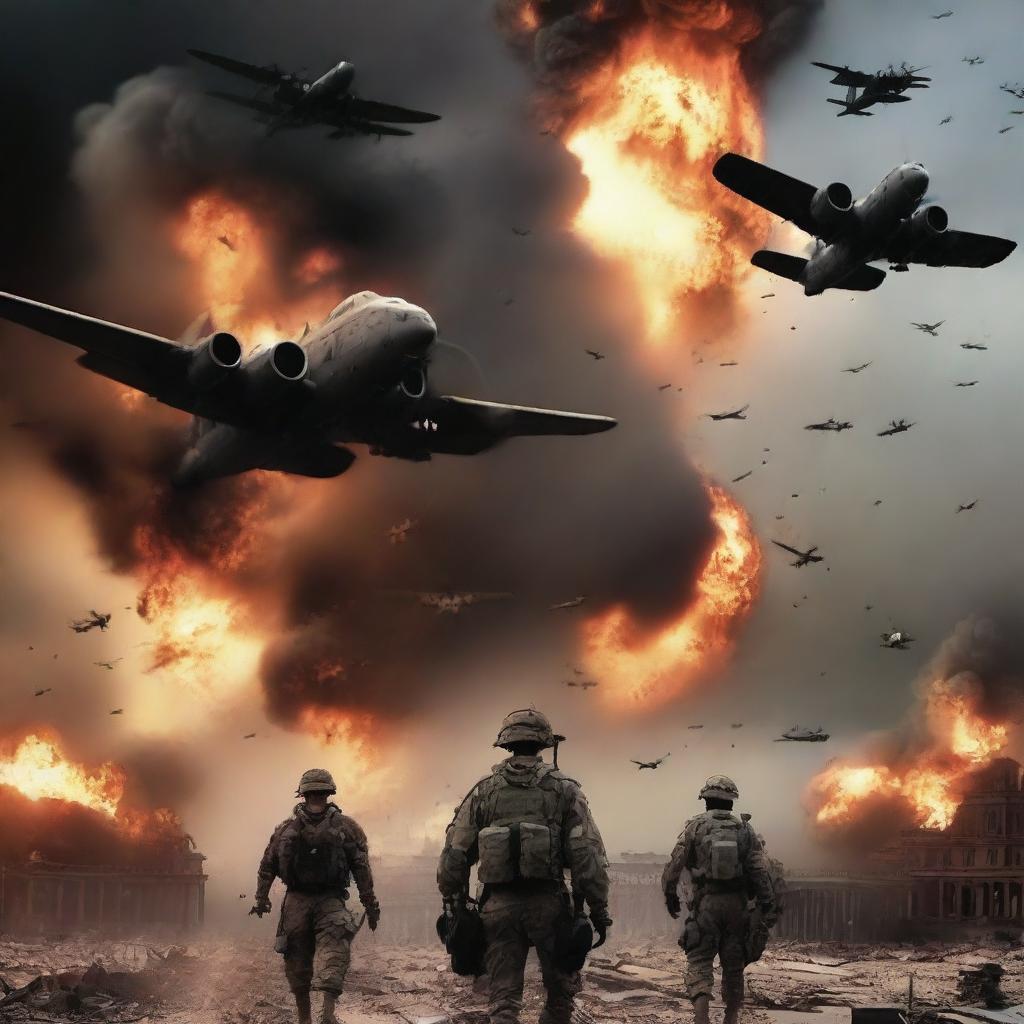 Suddenly, the scene changes to a dramatic depiction of the onset of World War III; with planes in the sky, soldiers marching, the city in mayhem, all illuminated by fiery explosions under a dramatic, smoke-filled sky