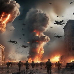 Suddenly, the scene changes to a dramatic depiction of the onset of World War III; with planes in the sky, soldiers marching, the city in mayhem, all illuminated by fiery explosions under a dramatic, smoke-filled sky