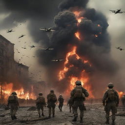 Suddenly, the scene changes to a dramatic depiction of the onset of World War III; with planes in the sky, soldiers marching, the city in mayhem, all illuminated by fiery explosions under a dramatic, smoke-filled sky