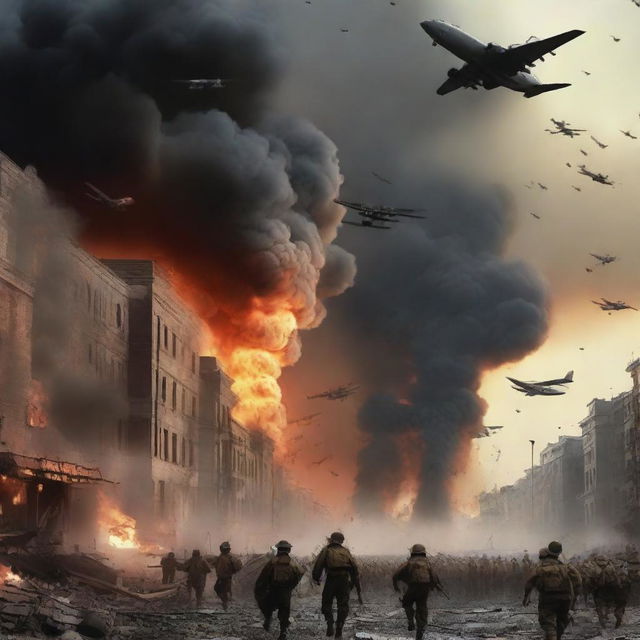 Suddenly, the scene changes to a dramatic depiction of the onset of World War III; with planes in the sky, soldiers marching, the city in mayhem, all illuminated by fiery explosions under a dramatic, smoke-filled sky