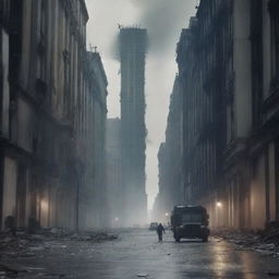 The scene now transforms to capture terrified citizens fleeing their once bustling city, attempting to escape the chaos and devastation of World War III