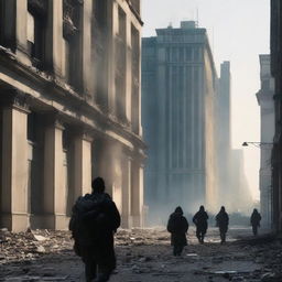 The scene now transforms to capture terrified citizens fleeing their once bustling city, attempting to escape the chaos and devastation of World War III