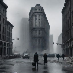 The scene now transforms to capture terrified citizens fleeing their once bustling city, attempting to escape the chaos and devastation of World War III