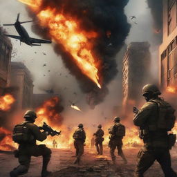 The scene evolves further, depicting the city's security forces retaliating against the soldiers and planes of World War III