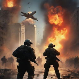 The scene evolves further, depicting the city's security forces retaliating against the soldiers and planes of World War III