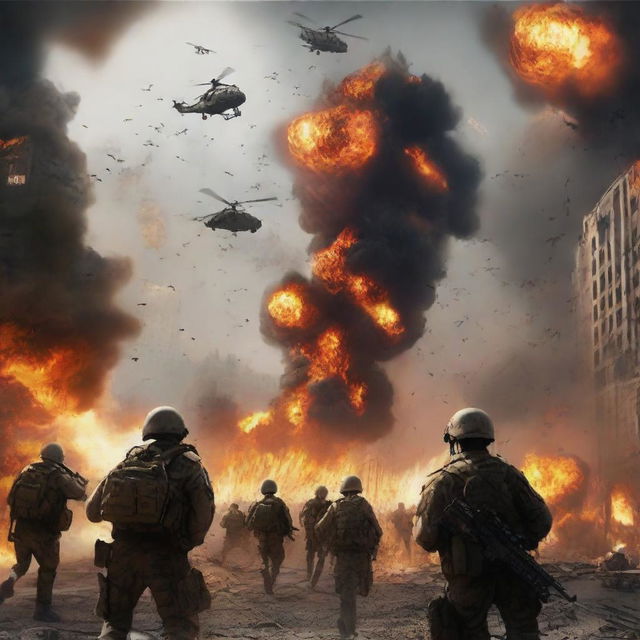 The scene evolves further, depicting the city's security forces retaliating against the soldiers and planes of World War III