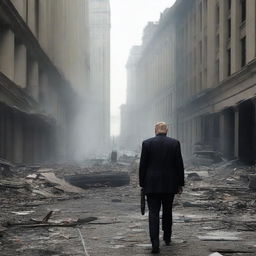 The scene now transitions to the malevolent president, previously brimming with false confidence, now in a clear state of panic, fleeing in terror amidst the chaos and destruction of his city