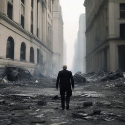 The scene now transitions to the malevolent president, previously brimming with false confidence, now in a clear state of panic, fleeing in terror amidst the chaos and destruction of his city