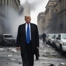 The scene now transitions to the malevolent president, previously brimming with false confidence, now in a clear state of panic, fleeing in terror amidst the chaos and destruction of his city