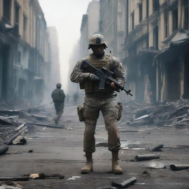 The scene shifts to show a soldier amidst the chaos of the city, taking aim and firing at the fleeing president, a sense of grim determination visible on his face in the face of devastation