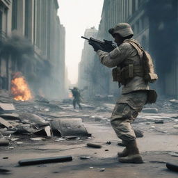 The scene shifts to show a soldier amidst the chaos of the city, taking aim and firing at the fleeing president, a sense of grim determination visible on his face in the face of devastation