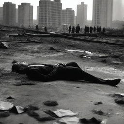 The image transitions into a grim scene depicting the once malevolent president now lifeless, his body lying on the ground, a grim testament to his downfall amidst the devastated city of the third World War