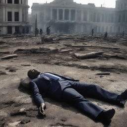 The image transitions into a grim scene depicting the once malevolent president now lifeless, his body lying on the ground, a grim testament to his downfall amidst the devastated city of the third World War