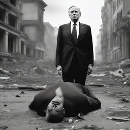 The image transitions into a grim scene depicting the once malevolent president now lifeless, his body lying on the ground, a grim testament to his downfall amidst the devastated city of the third World War