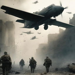 The final image shows the soldiers leaving the devastated city in planes, fading into the distant sky