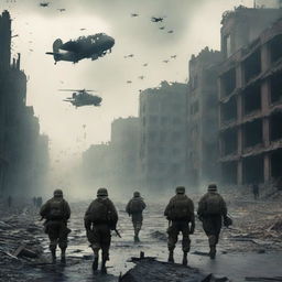 The final image shows the soldiers leaving the devastated city in planes, fading into the distant sky