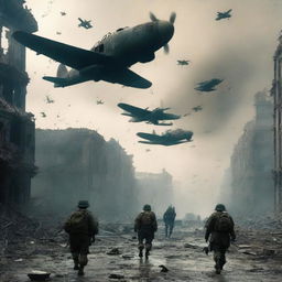 The final image shows the soldiers leaving the devastated city in planes, fading into the distant sky