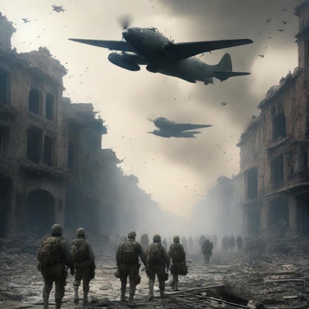 The final image shows the soldiers leaving the devastated city in planes, fading into the distant sky