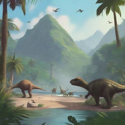 A detailed, atmospheric illustration of Isla Sorna from the Jurassic Park movies, bustling with diverse dinosaur species.