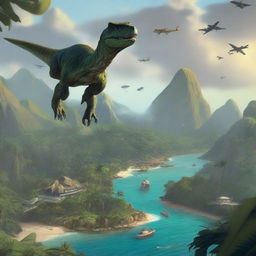 A detailed, atmospheric illustration of Isla Sorna from the Jurassic Park movies, bustling with diverse dinosaur species