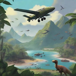 A detailed, atmospheric illustration of Isla Sorna from the Jurassic Park movies, bustling with diverse dinosaur species