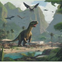 A detailed, atmospheric illustration of Isla Sorna from the Jurassic Park movies, bustling with diverse dinosaur species