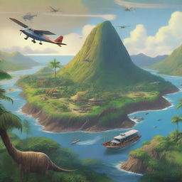 A detailed, atmospheric illustration of Isla Sorna from the Jurassic Park movies, bustling with diverse dinosaur species