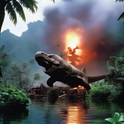 A dramatic scene showing a plane crashing into the lush, dinosaur-infested Easy Dock area of Isla Sorna from the Jurassic Park movies