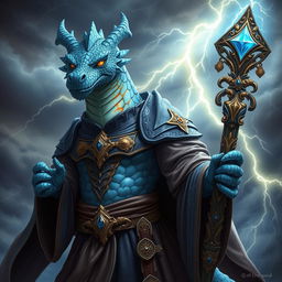 A Blue Dragonborn tempest cleric with striking scales featuring cracks filled with molten gold, reflecting a beautiful and powerful aesthetic