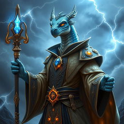 A Blue Dragonborn tempest cleric with striking scales featuring cracks filled with molten gold, reflecting a beautiful and powerful aesthetic