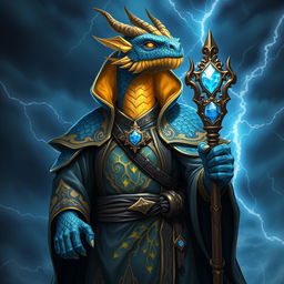 A Blue Dragonborn tempest cleric with striking scales featuring cracks filled with molten gold, reflecting a beautiful and powerful aesthetic