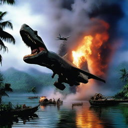 A dramatic scene showing a plane crashing into the lush, dinosaur-infested Easy Dock area of Isla Sorna from the Jurassic Park movies