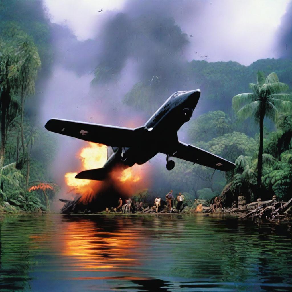 A dramatic scene showing a plane crashing into the lush, dinosaur-infested Easy Dock area of Isla Sorna from the Jurassic Park movies