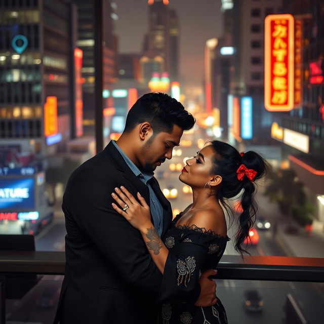 A contemporary romantic scene set in urban Los Angeles, featuring a passionate connection between two BIPOC individuals in a corporate environment