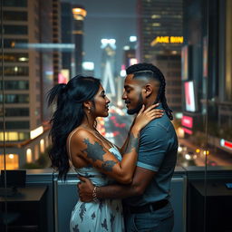 A contemporary romantic scene set in urban Los Angeles, featuring a passionate connection between two BIPOC individuals in a corporate environment