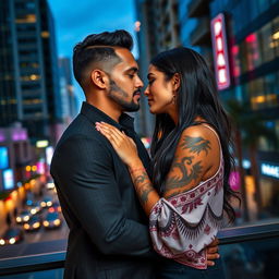 A contemporary romantic scene set in urban Los Angeles, featuring a passionate connection between two BIPOC individuals in a corporate environment