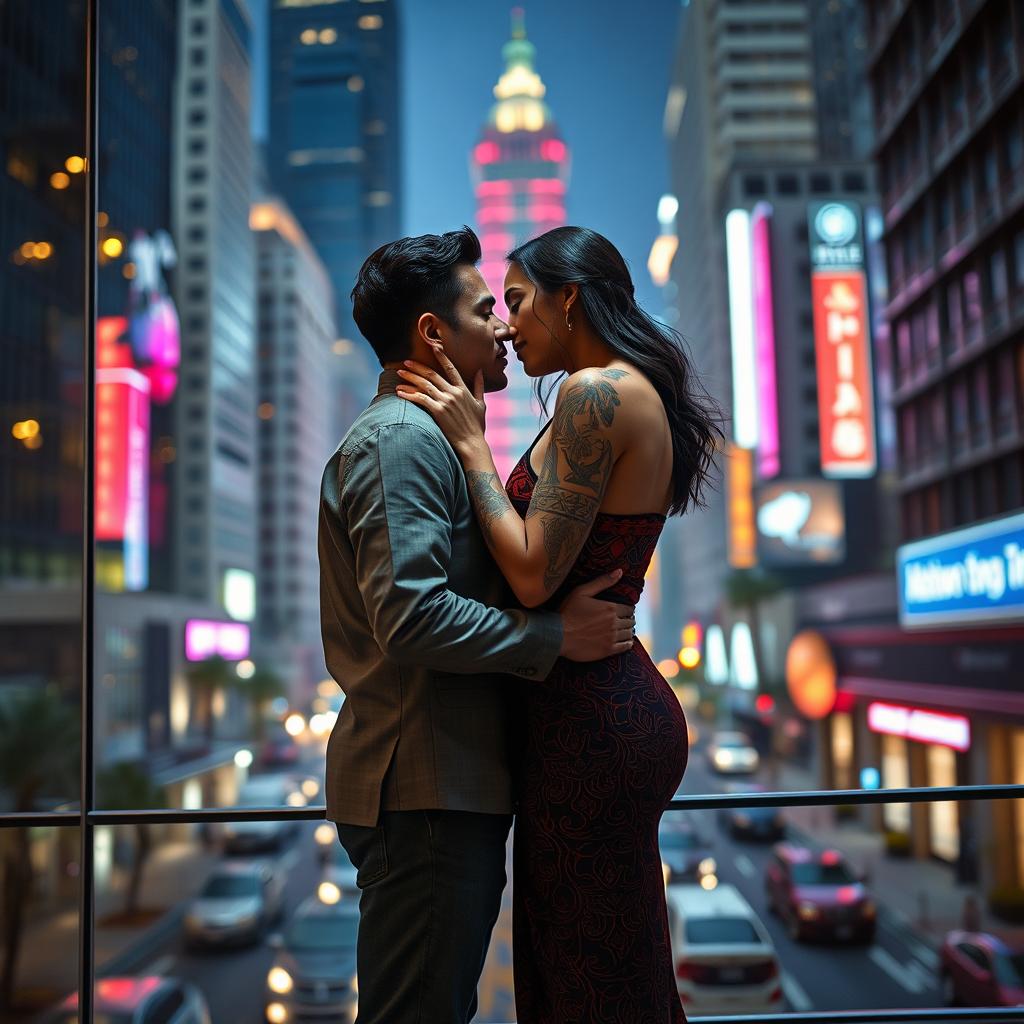 A contemporary romantic scene set in urban Los Angeles, featuring a passionate connection between two BIPOC individuals in a corporate environment