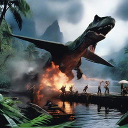 A dramatic scene showing a plane crashing into the lush, dinosaur-infested Easy Dock area of Isla Sorna from the Jurassic Park movies