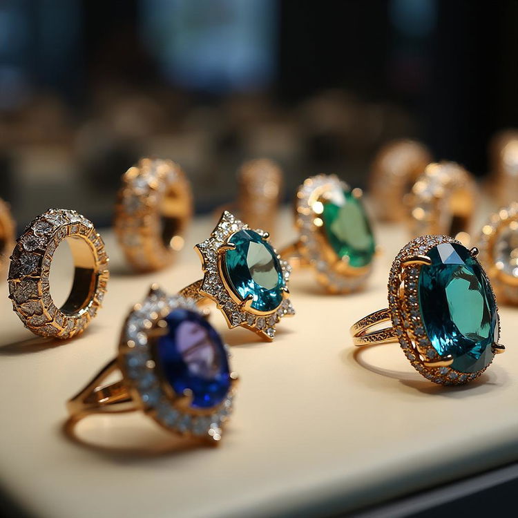 A stunning collection of large, intricate rings displayed under soft lighting, highlighting their unique designs and exquisite details