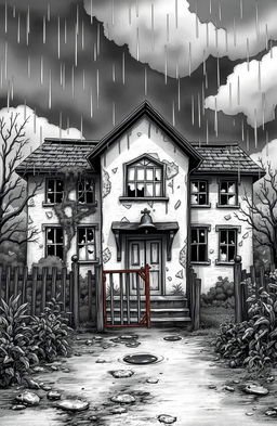 An illustration for an old-style children's book featuring an old, run-down school building
