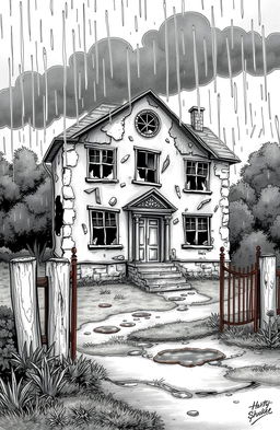 An illustration for an old-style children's book featuring an old, run-down school building