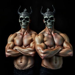 Two muscular shirtless men wearing intricate skull masks, standing confidently with their arms folded over their chests